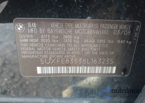 2008 BMW X5 4.8I z USA, uszkodzony, nr VIN 5UXFE83538L163235